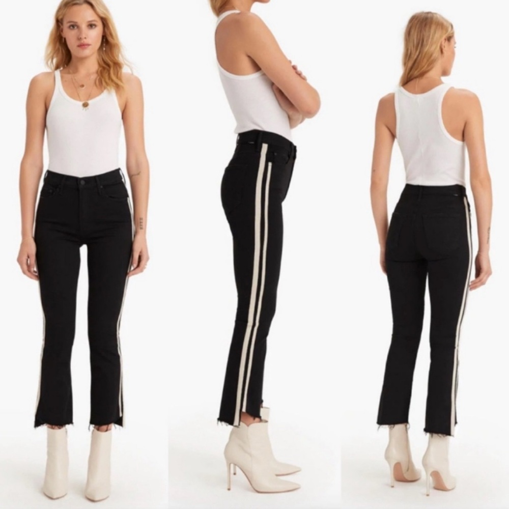 MOTHER Black Straight-Leg Jeans with Cream Side Stripe